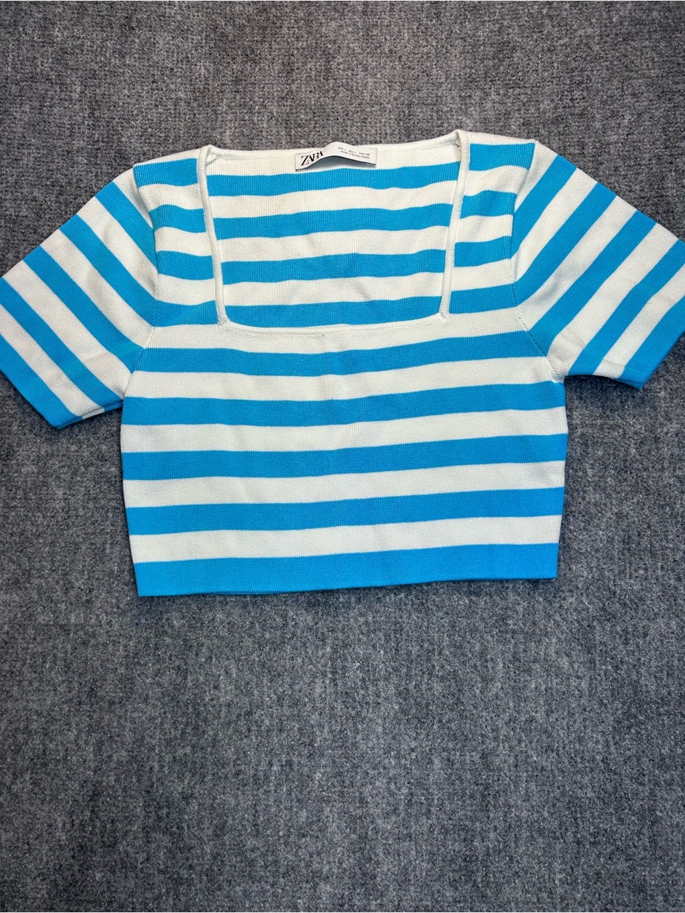 ZARA White & Bright Blue Striped Square-Neck Crop Top